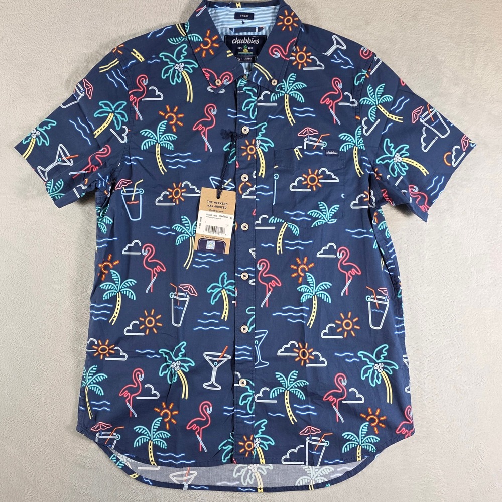Chubbies Men Small The Neon Light Friday Shirt Short Sleeve Flamingo NWT 603222